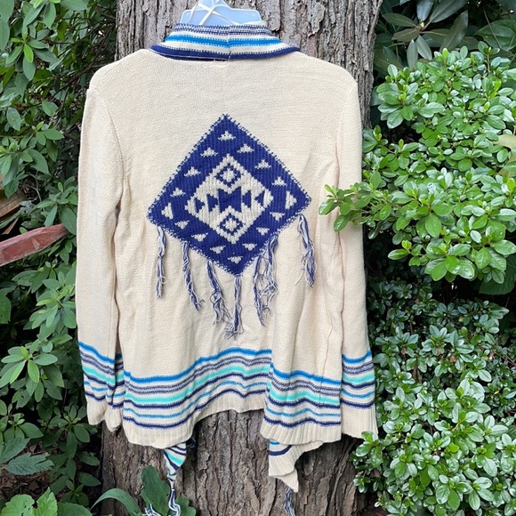 Red Camel Tan Open Front Sweater Cascading Waterfall Blue Stripes Fringes Aztec - Picture 11 of 16